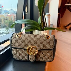 Gucci Beige and Black Crossbody Bag with Gold Accents